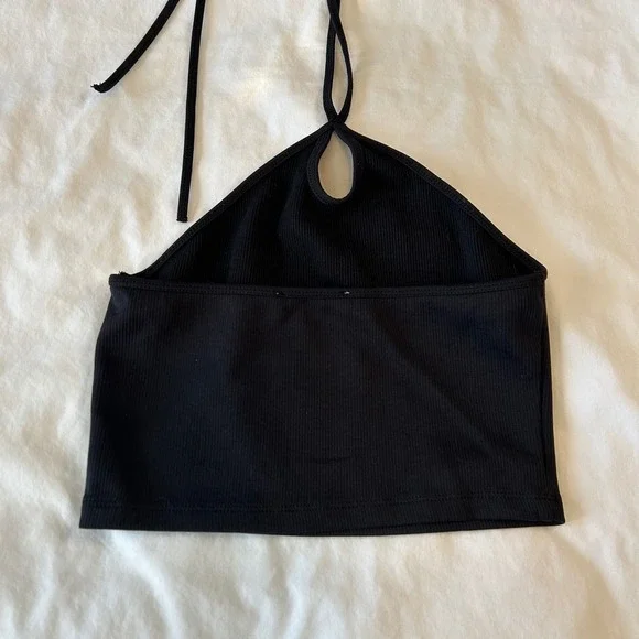 ZARA Black Ribbed Halter Neck Crop Top Tie Back Small whimsy goth - Picture 3 of 4